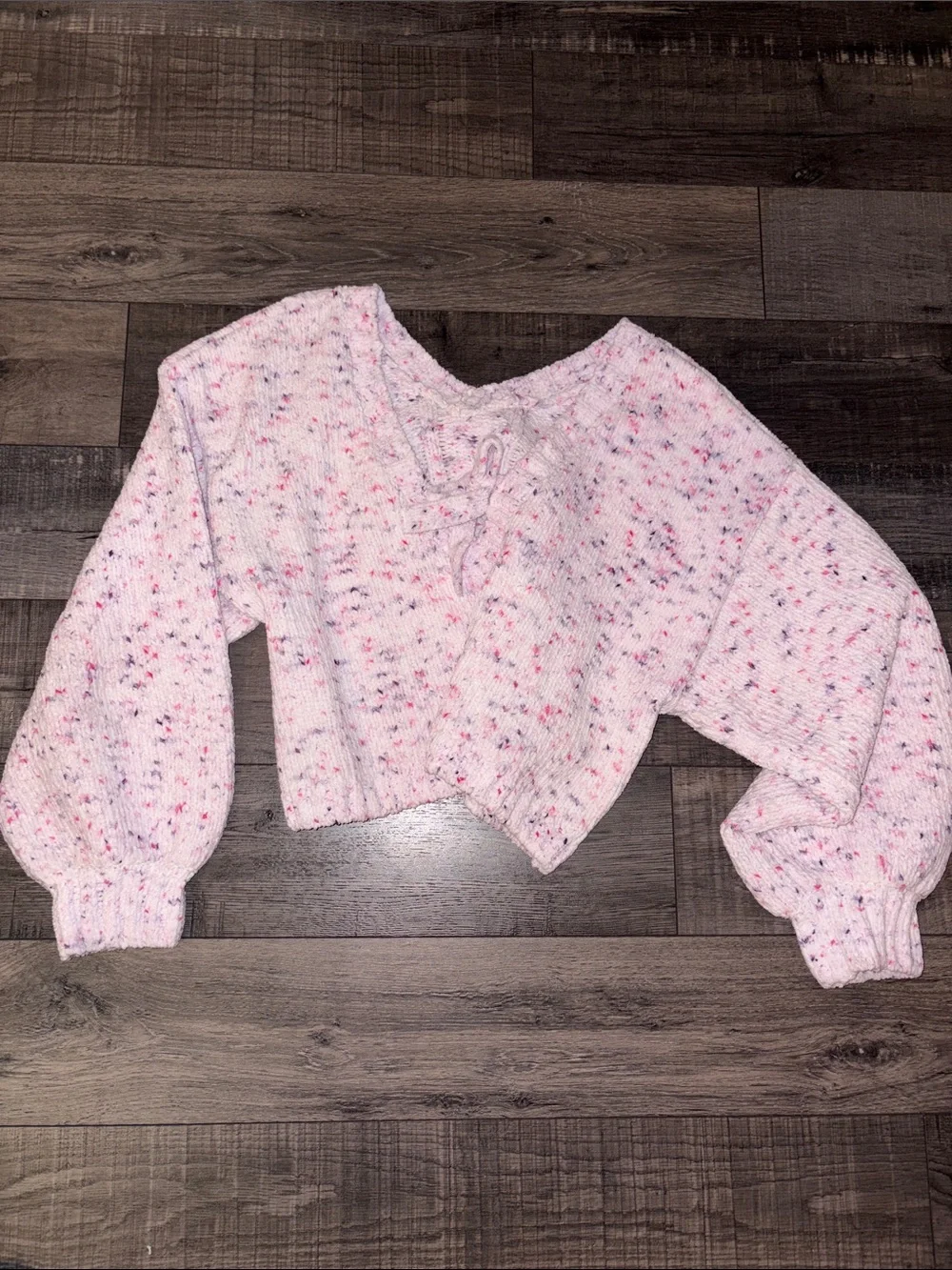 The Children's Place Pink Speckled Lace-Up Balloon Sleeve Sweater